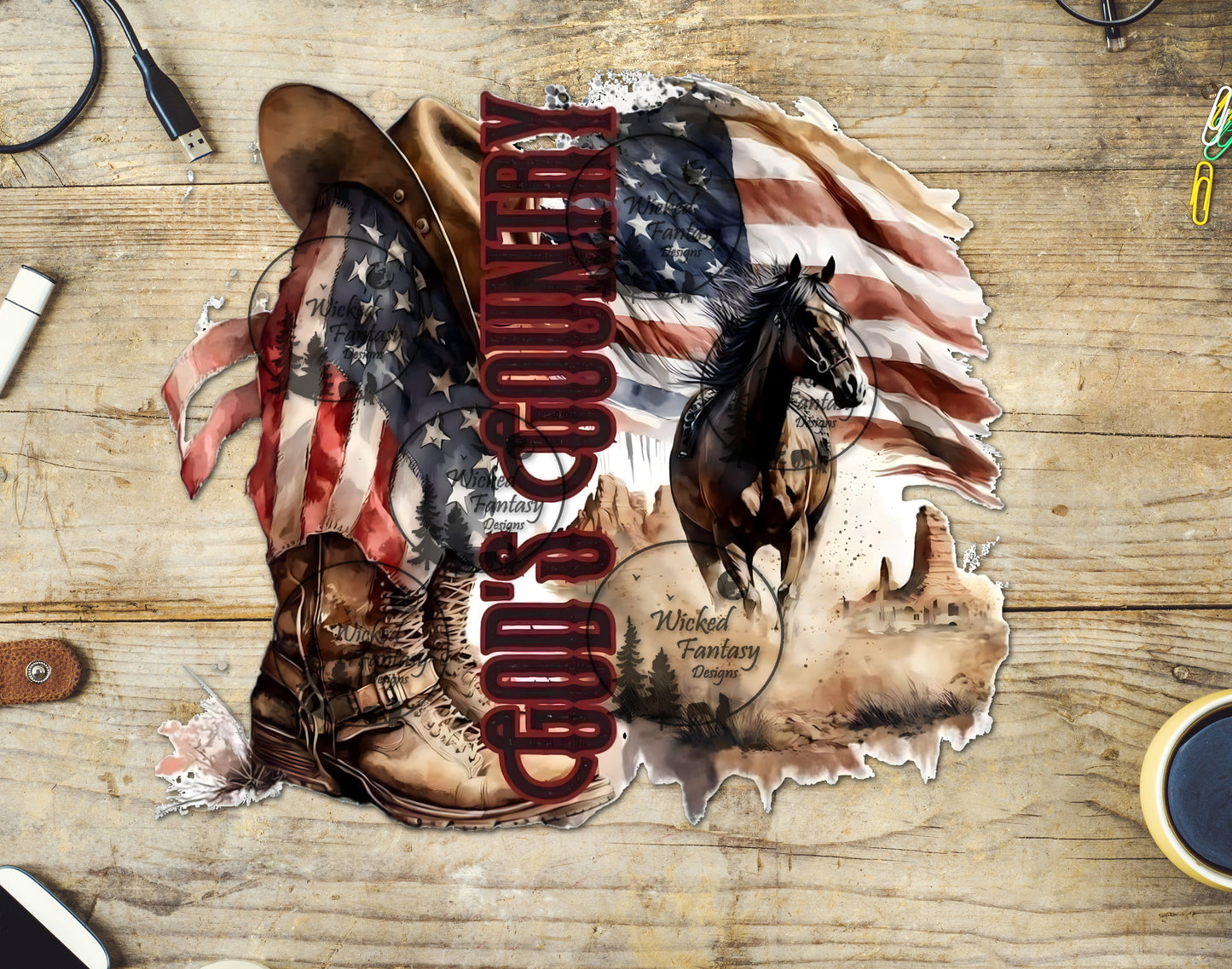 UVDTF God's Country US Flag Western 8"x7"