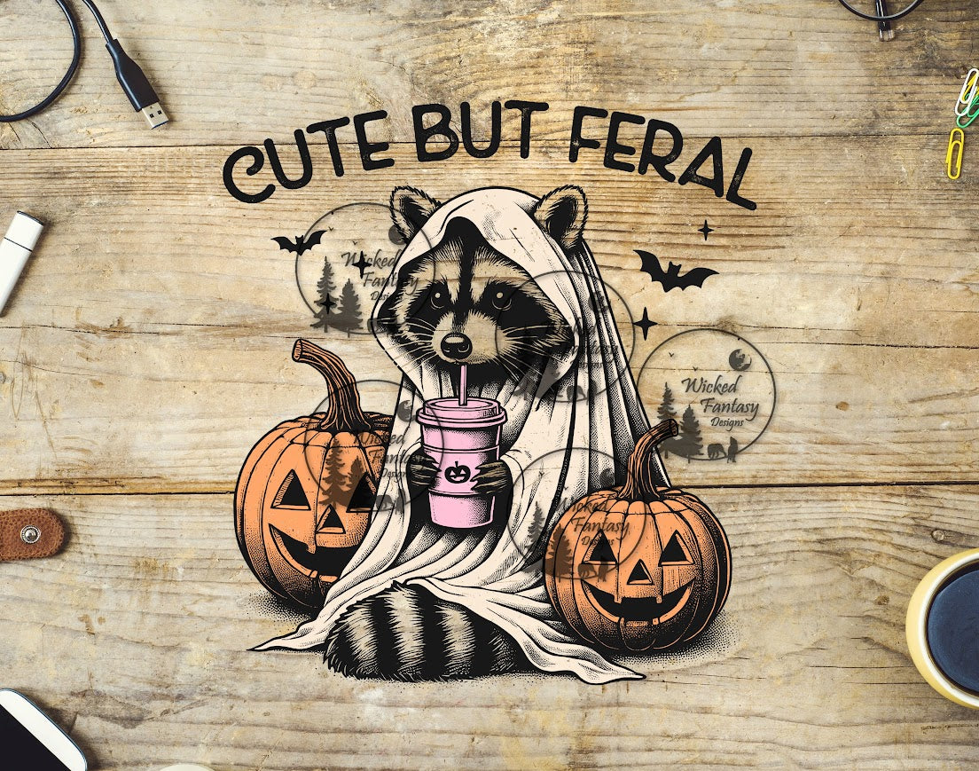 UVDTF Cute But Feral Raccoon and Jack O' Lanterns