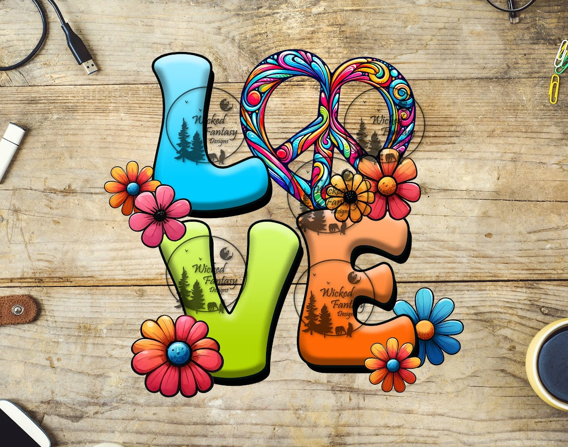 A colorful graphic decal with the word 'love' designed in a creative way, surrounded by floral patterns and a peace symbol
