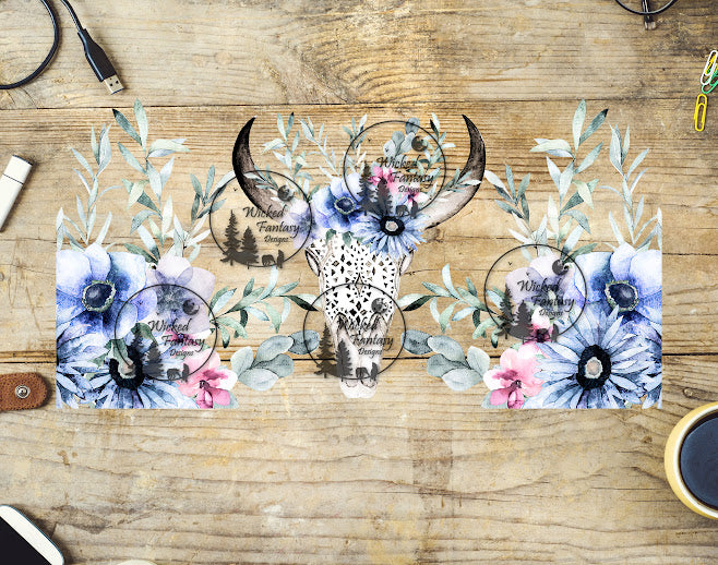 UVDTF Boho Cowskull and Ice Blue Flowers 16oz 40oz Tumbler Wrap Element