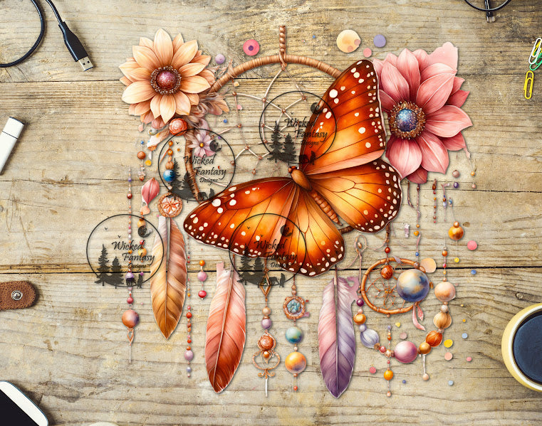 UVDTF Orange Butterfly Dreamcatcher Orange and Pink Flowers