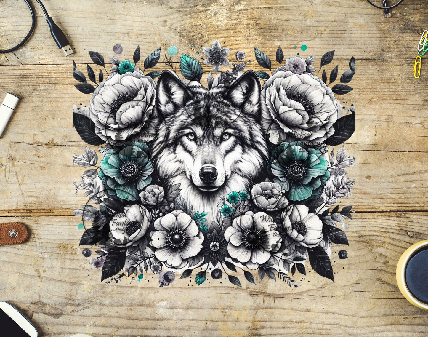 UVDTF Wolf with Black Grey and Mint Flowers