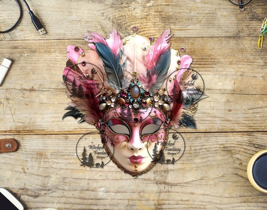 UVDTF Pink Mask with Jewels and Feathers