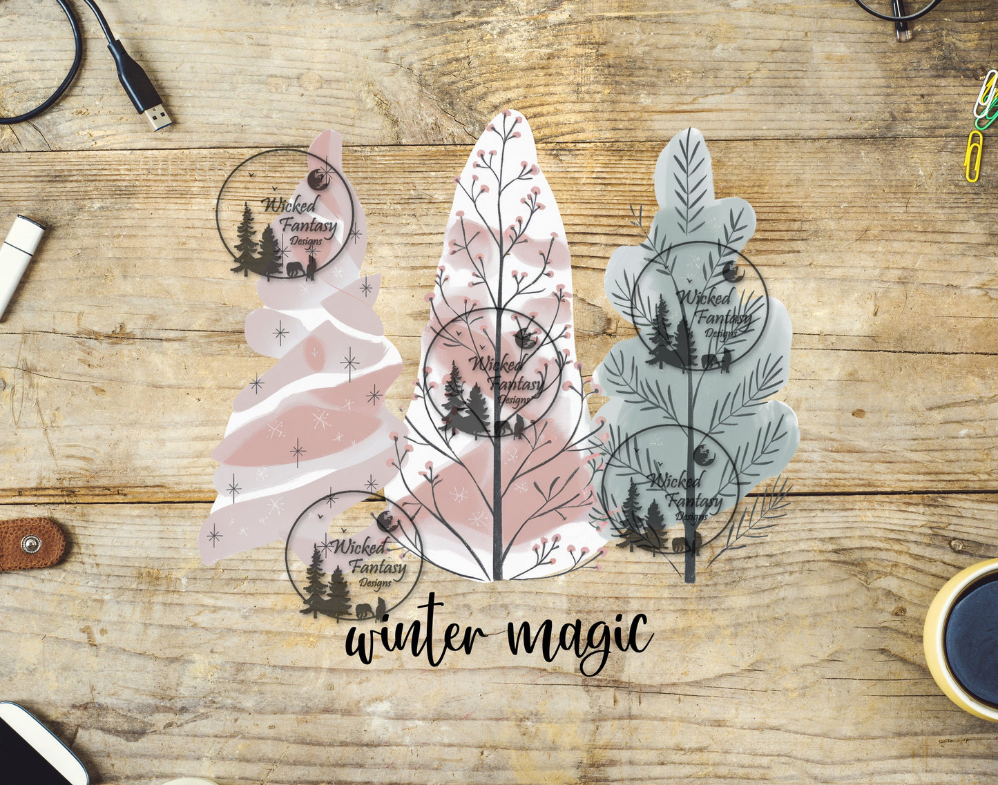 UVDTF Winter Magic with Pink and Sage Evergreen Trees