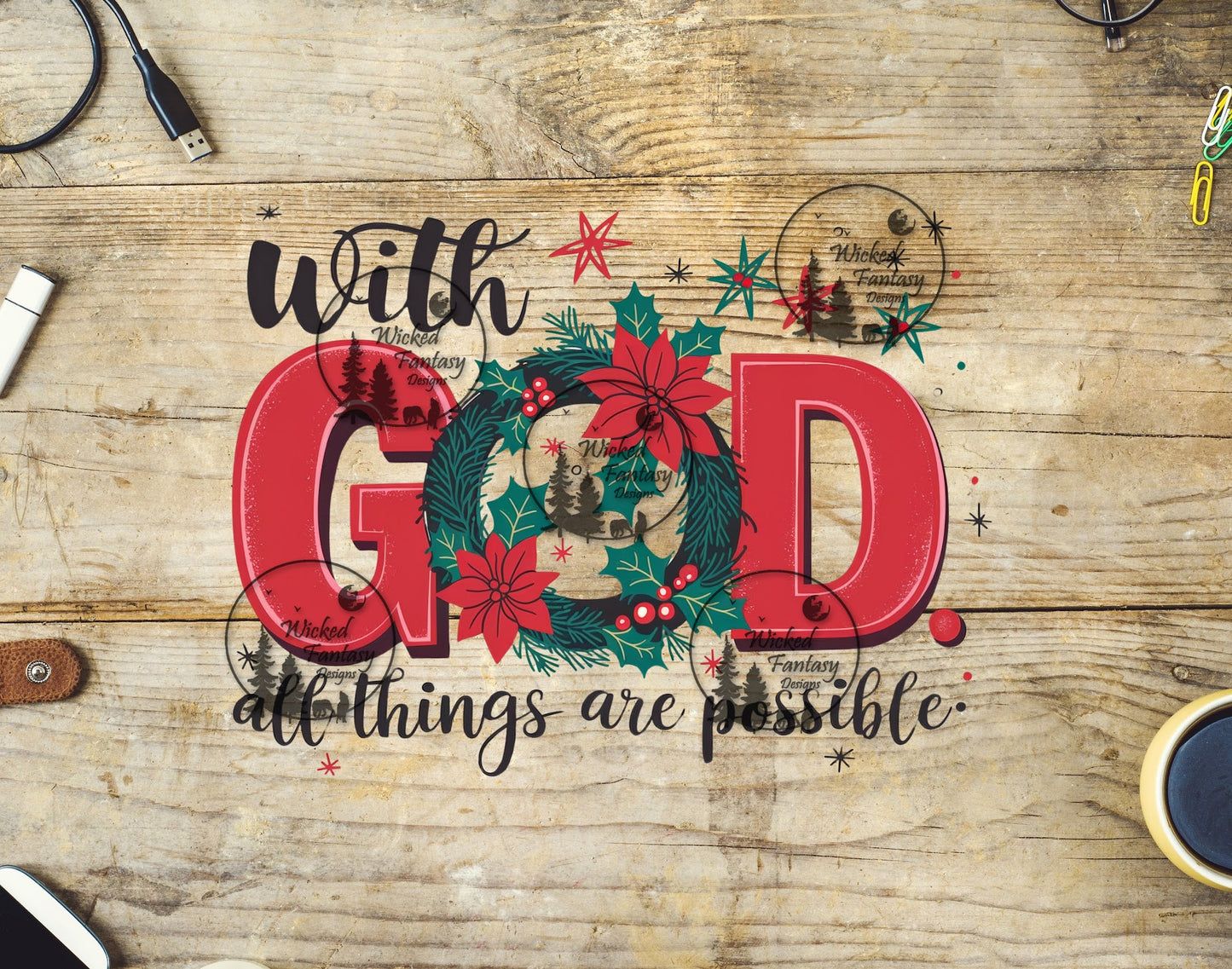 UVDTF With God all Things are Possible Poinsettia Wreath