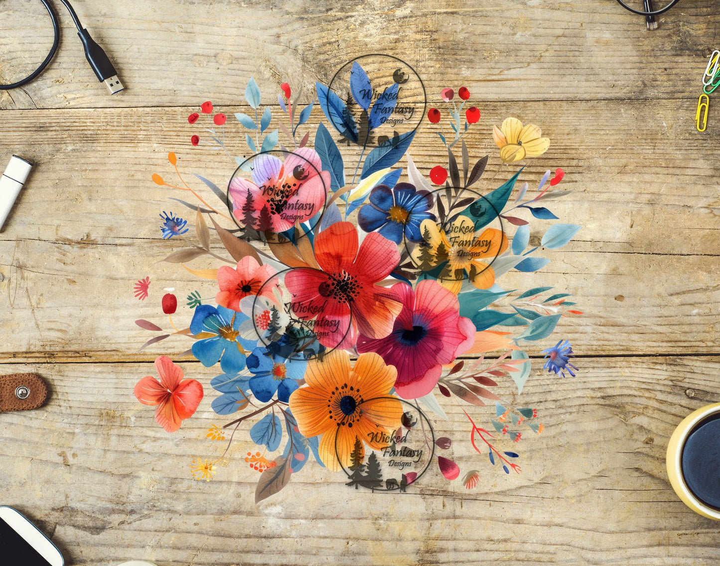 UVDTF Watercolor Periwinkle Pink and Yellow Wildflowers