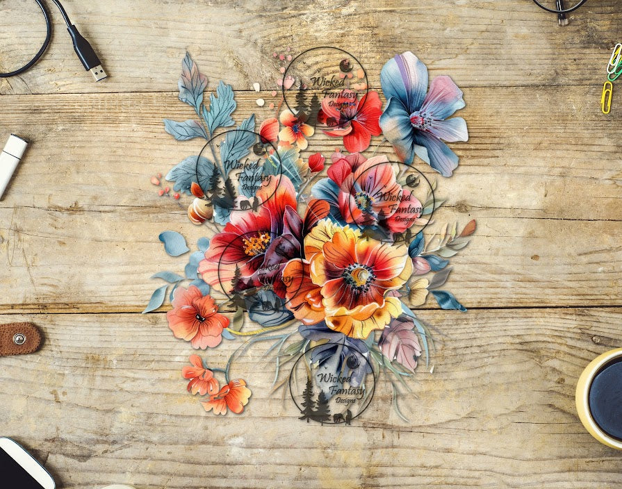 UVDTF Periwinkle and Rust Floral Arrangement