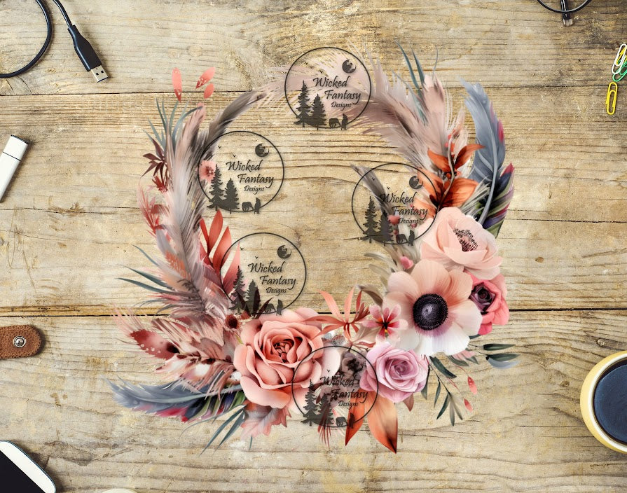 UVDTF Pink Boho Wreath with Feathers