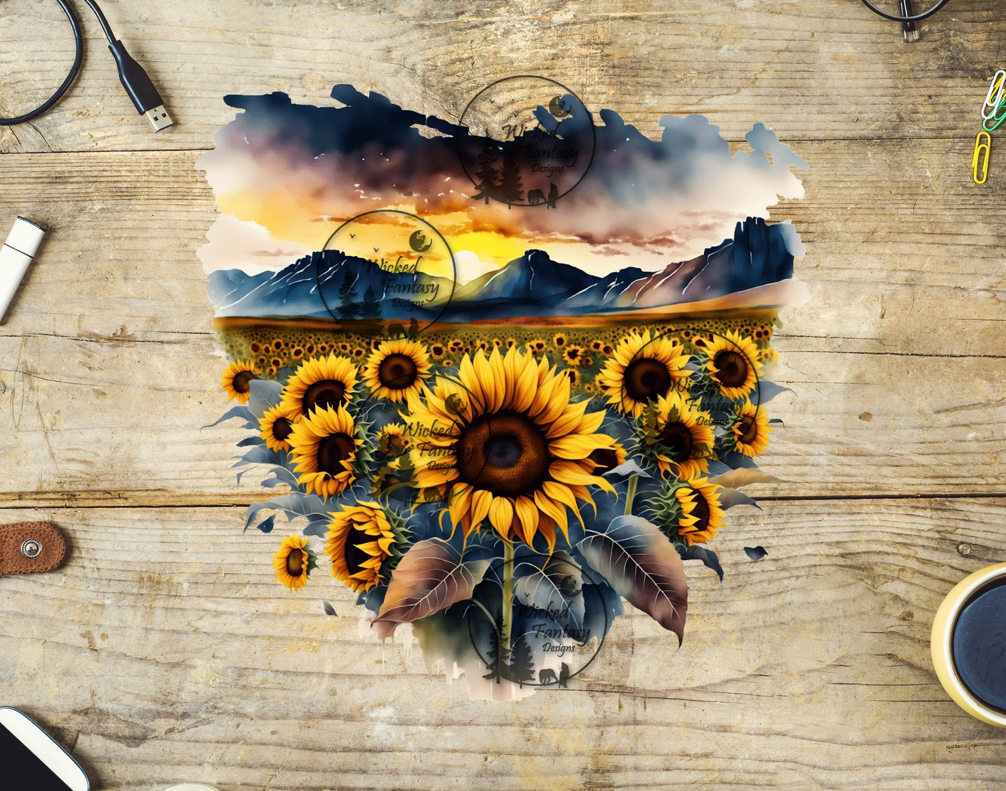 UVDTF Sunflower Field and Mountains at Sunset