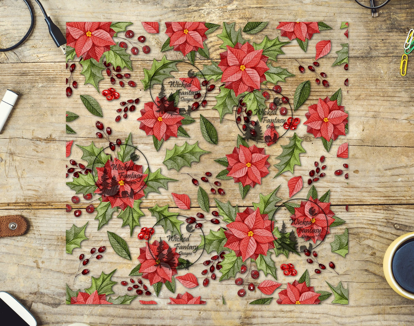 UVDTF Poinsettias and Holly 20oz 30oz 10"x10" Element