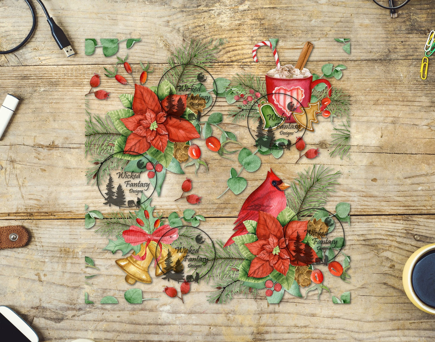 UVDTF Cardinal Poinsettias and Hot Cocoa 20oz 30oz 10"x10" Element