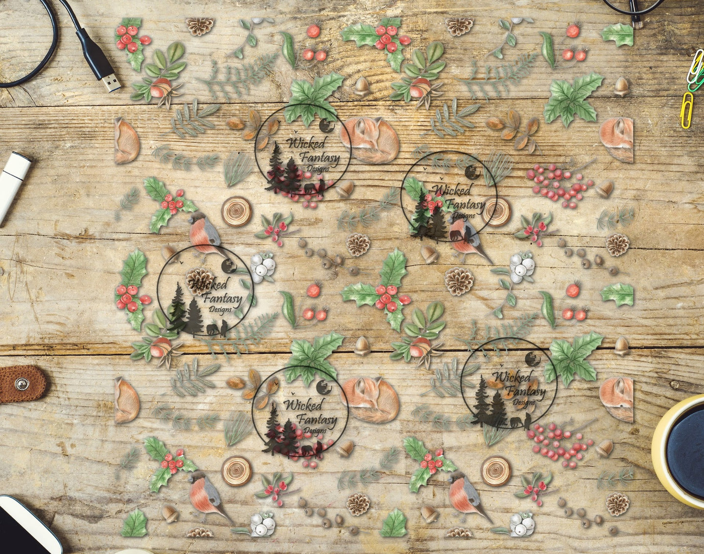 UVDTF Robins Sleeping Foxes and Holly 20oz 30oz 10"x10" Element