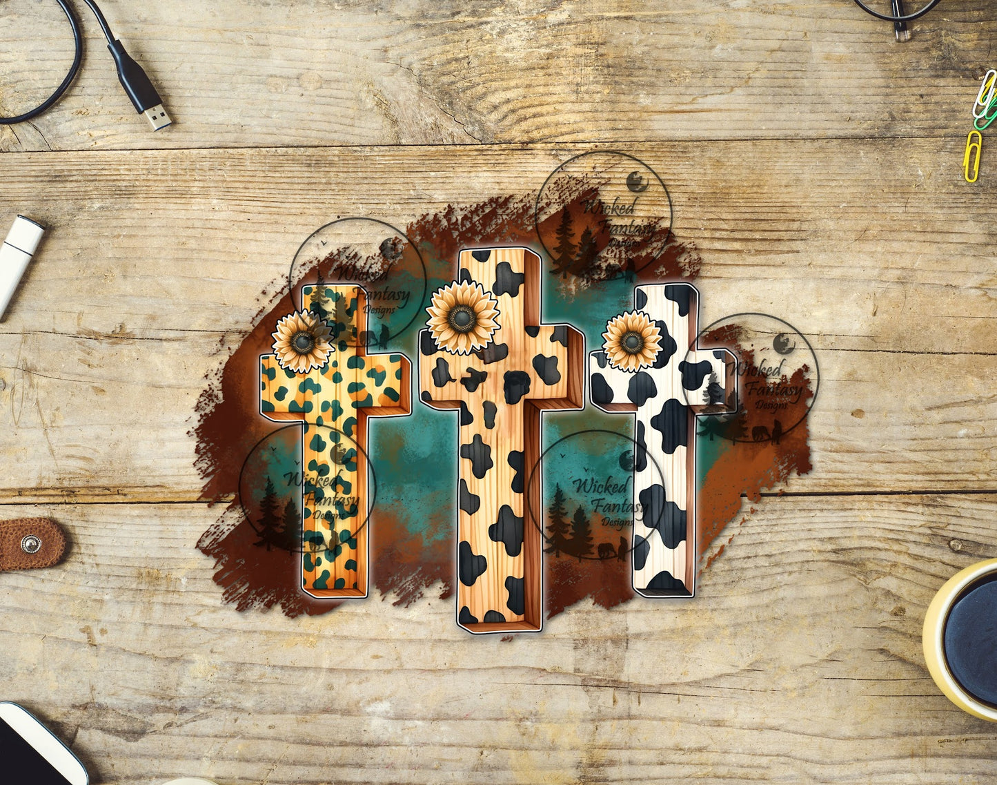 UVDTF Thee Wooden Crosses with Leopard and Cowprint