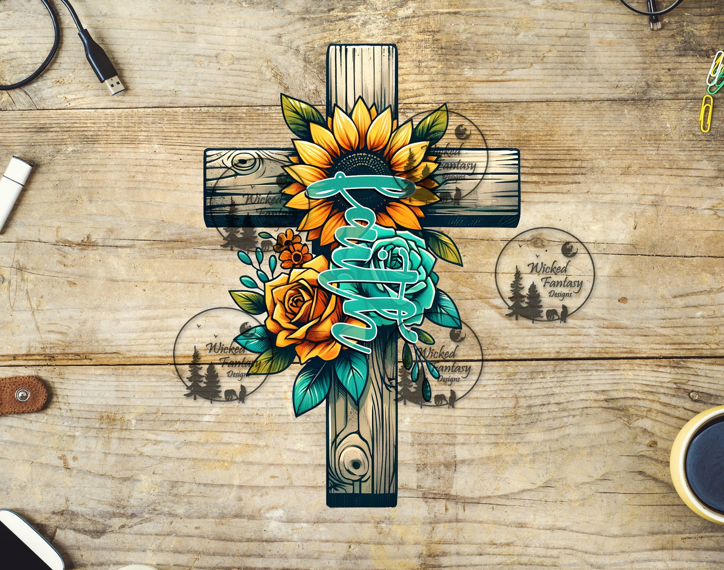 UVDTF Faith Sunflower and Yellow Rose on Cross