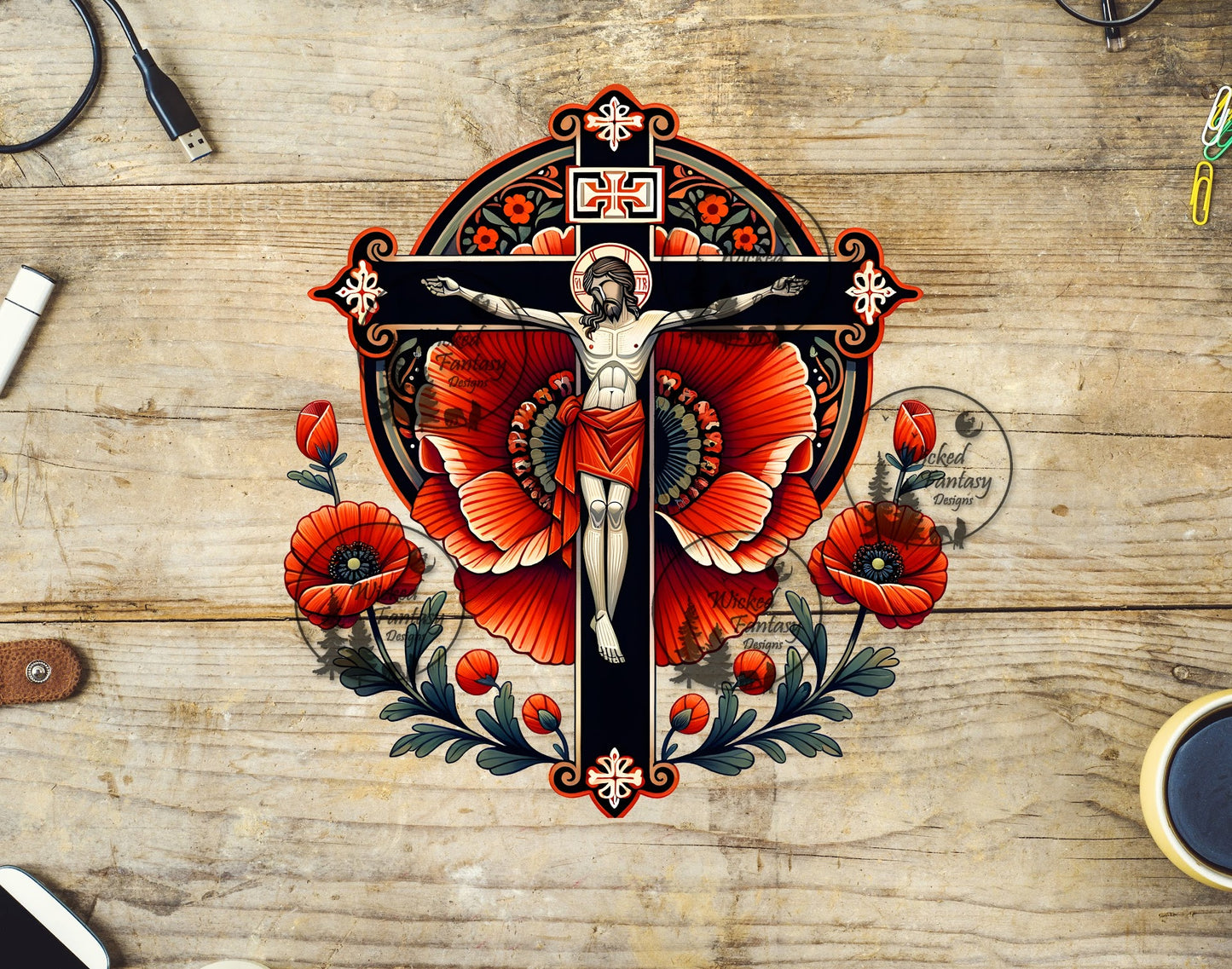 UVDTF Jesus on Cross and Red Poppy