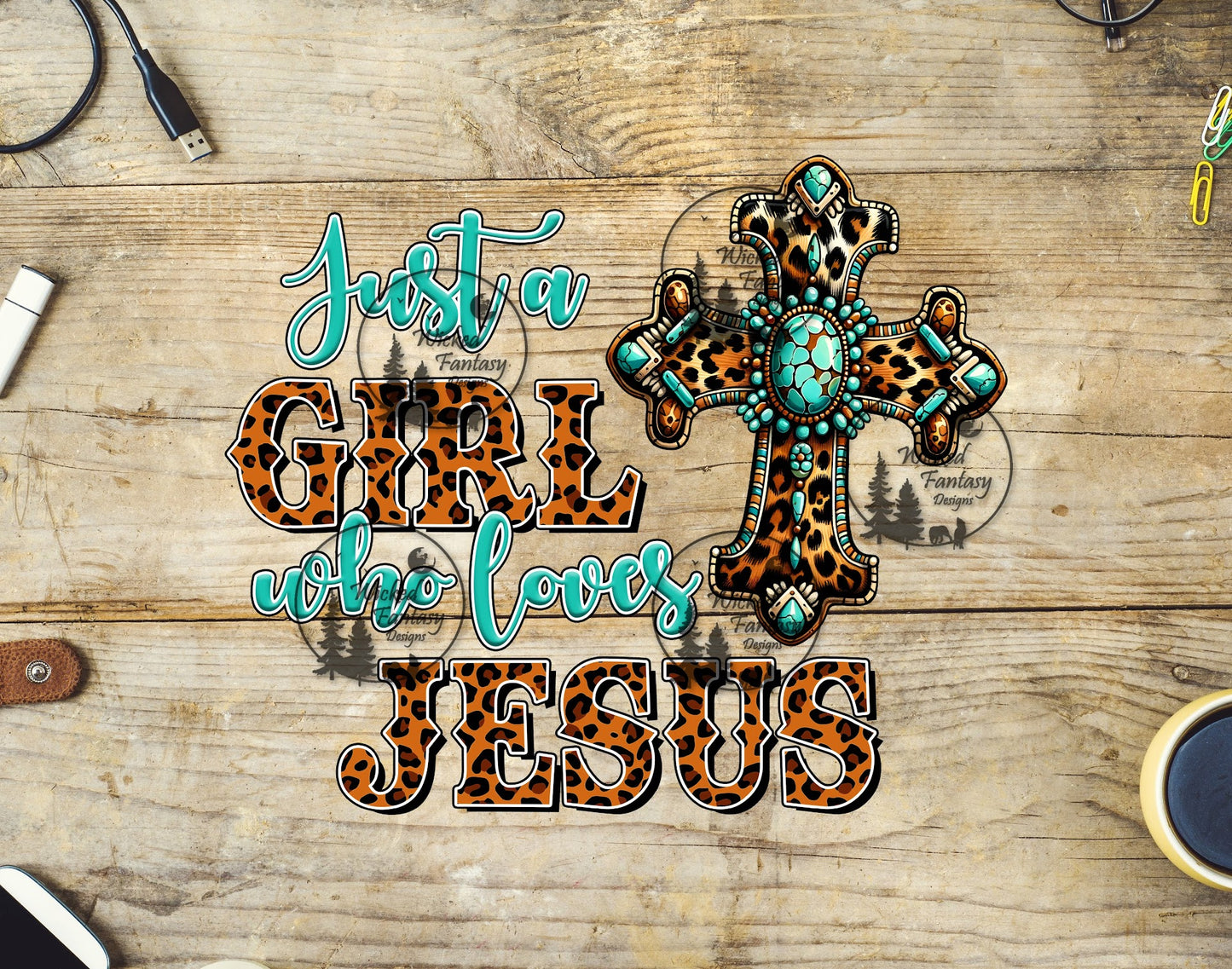 UVDTF Just a Girl Who Loves Jesus Leopard Print and Turquoise