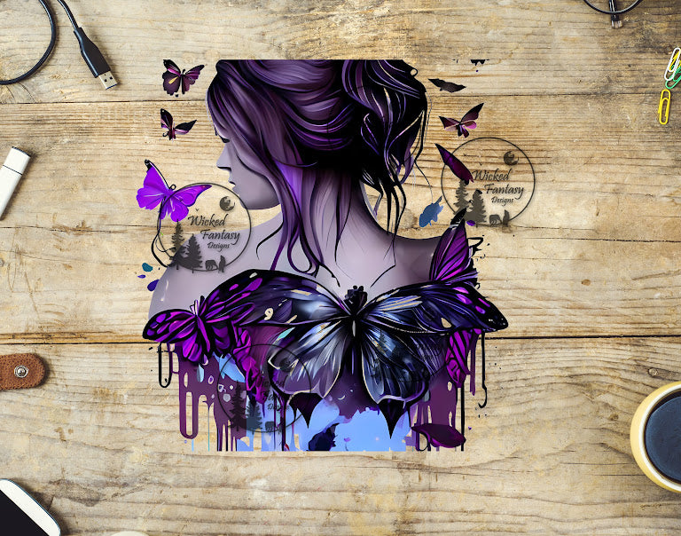 UVDTF Beautiful Woman with Purple Butterflies