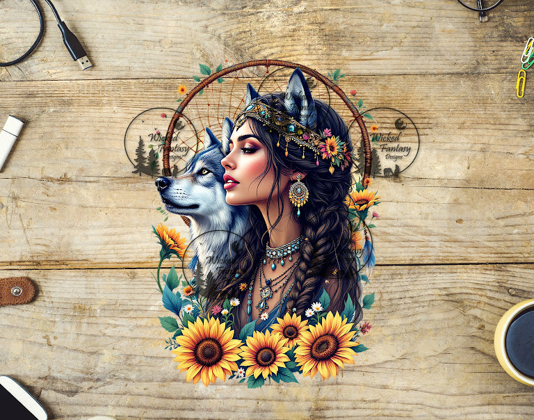 UVDTF Native Woman with Wolf and Sunflowers
