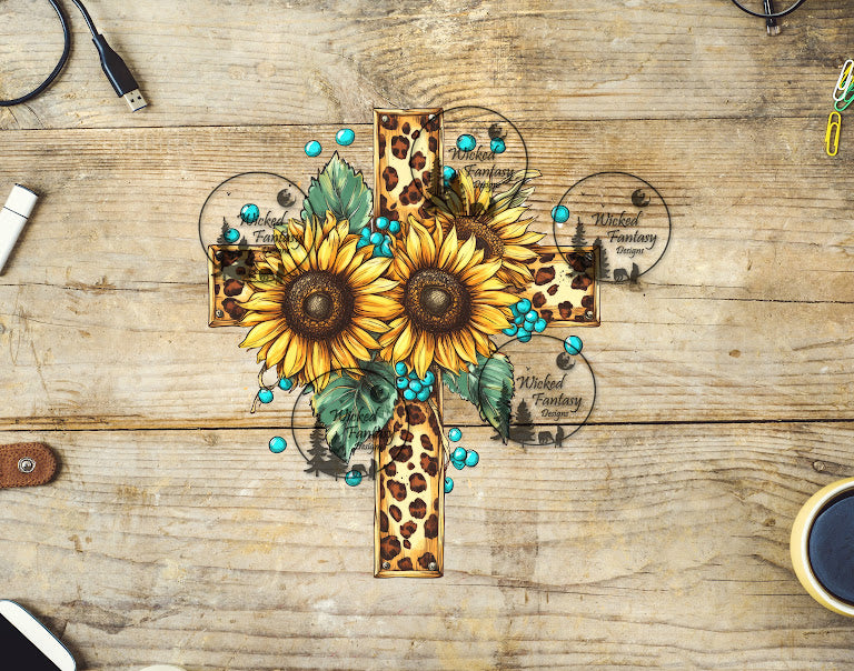 UVDTF Leopard Print Cross with Sunflowers