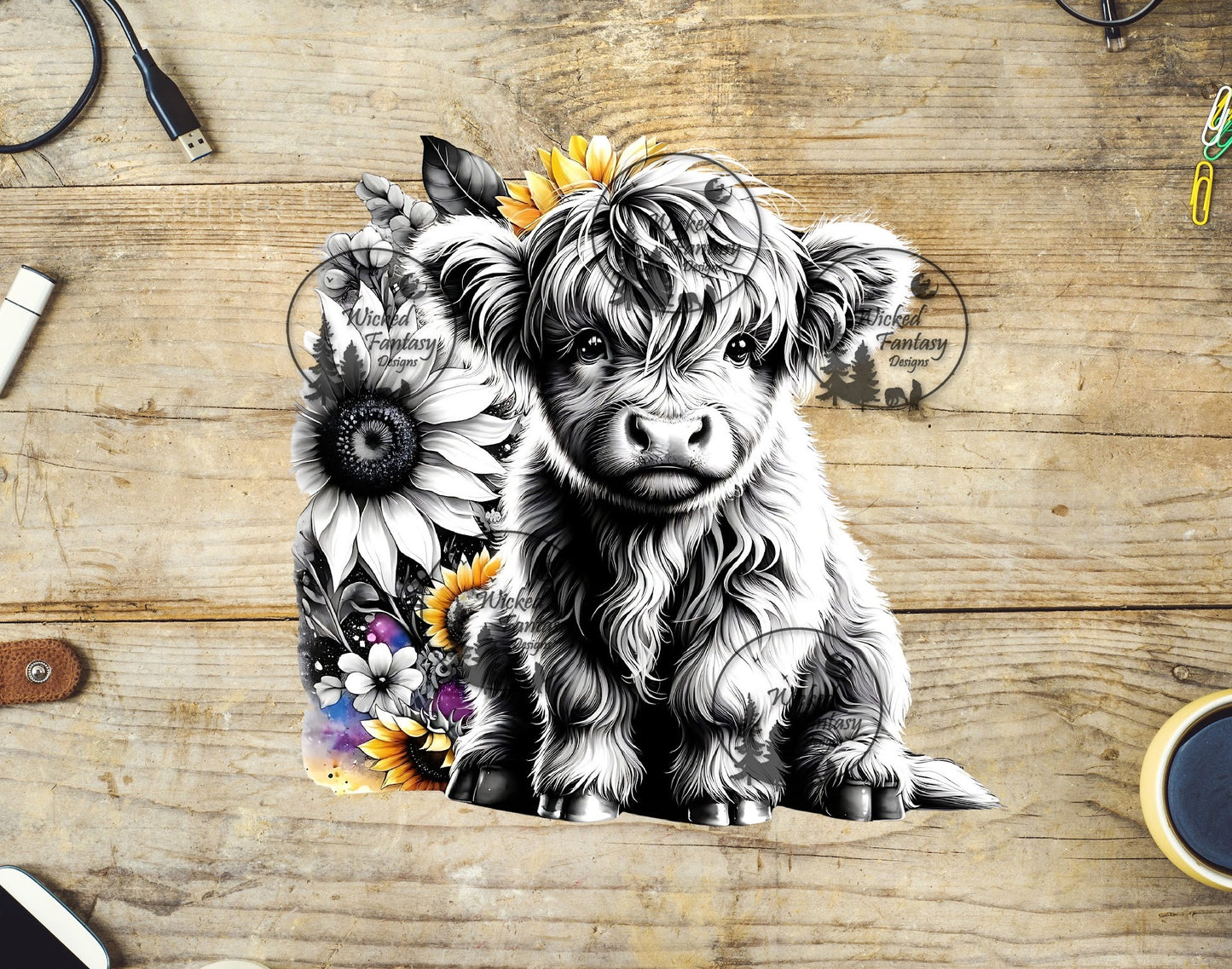 UVDTF Black and White Highland Cow with Sunflowers
