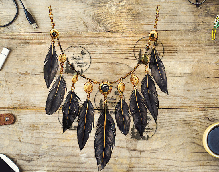 UVDTF Hanging Black Feathers on Golden Chain