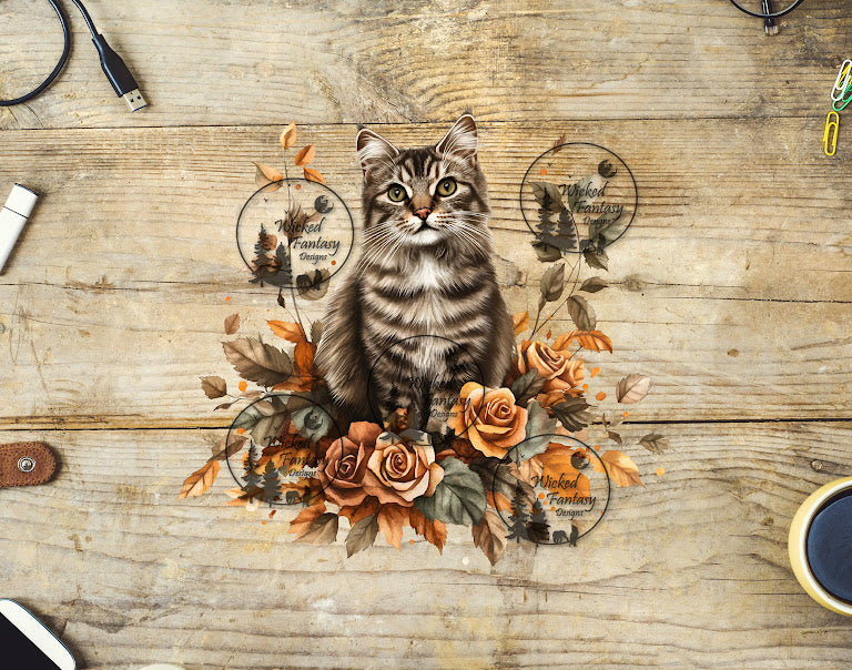 UVDTF Tabby Cat and Terra Cotta Colored Roses