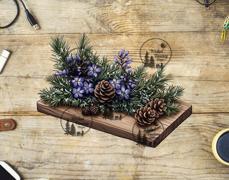 UVDTF Pine Branches and Periwinkle Flowers