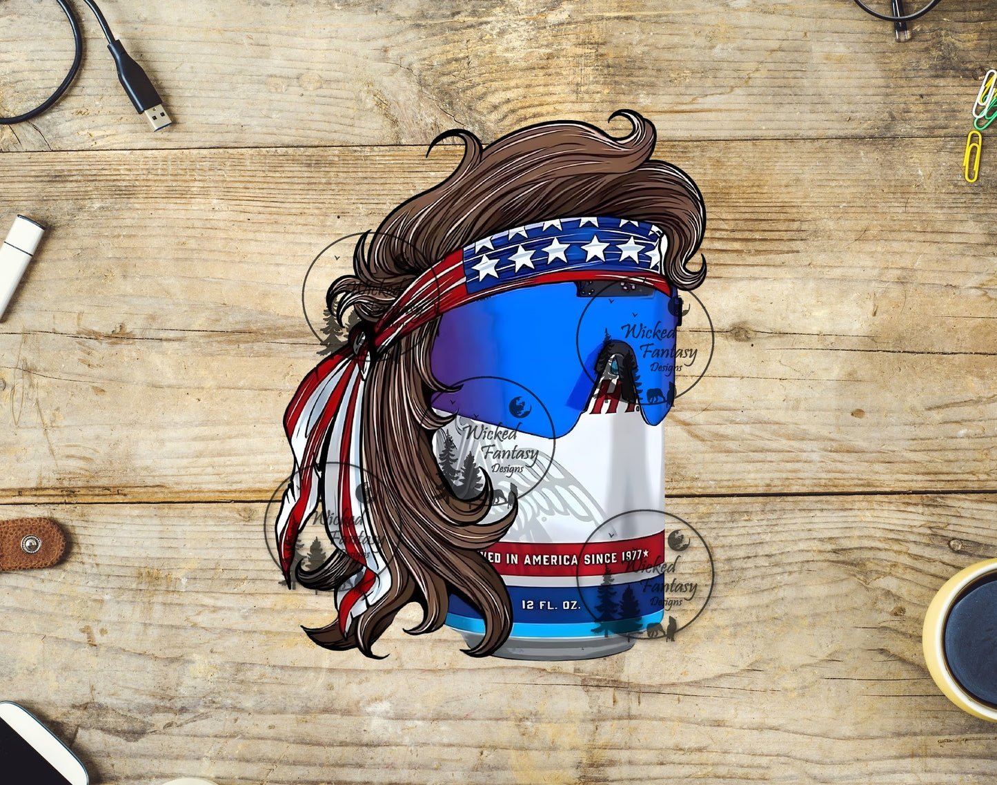 UVDTF Mullet Beer Can with American Flag Bandanna