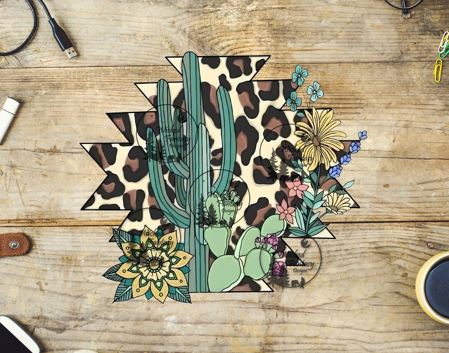 UVDTF Cactus and Leopard Print Aztec with Flowers