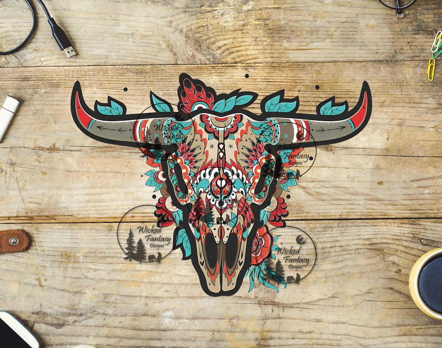 UVDTF Red and Teal Cow Skull with Feathers