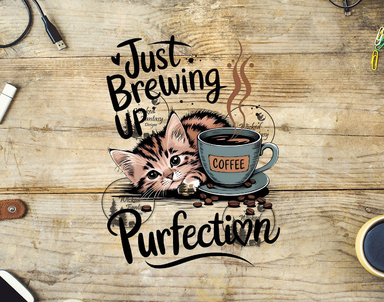 UVDTF Just Brewing Purfection Kitten with Coffee