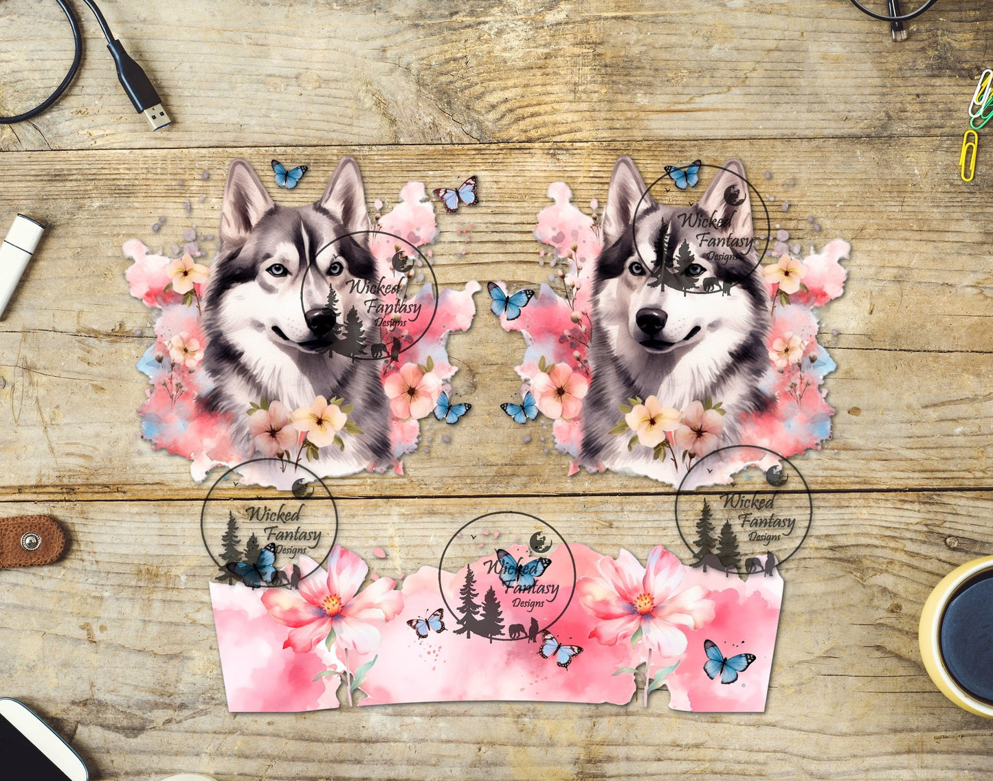 UVDTF Husky and Butterflies Dog 16oz 40oz Element Multiple Sizes