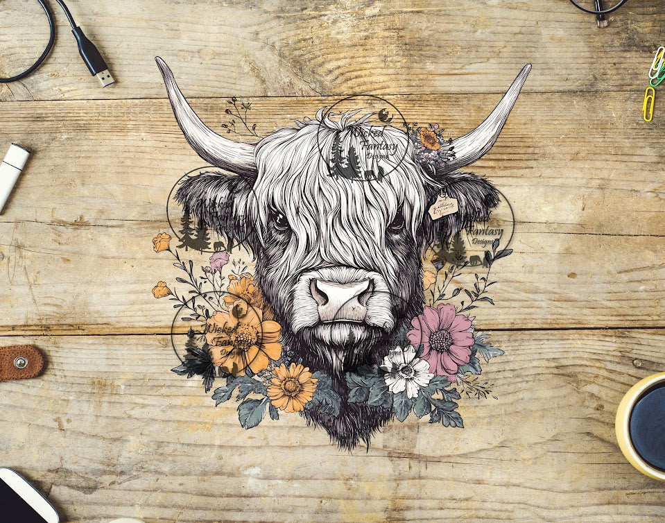 UVDTF Black and White Highland Cow with Colored Flowers