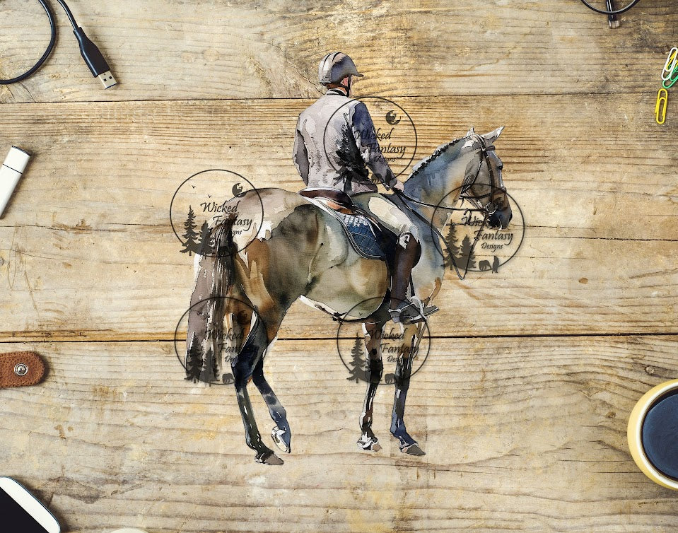 UVDTF Man Riding Dark Grey Horse in English Tack
