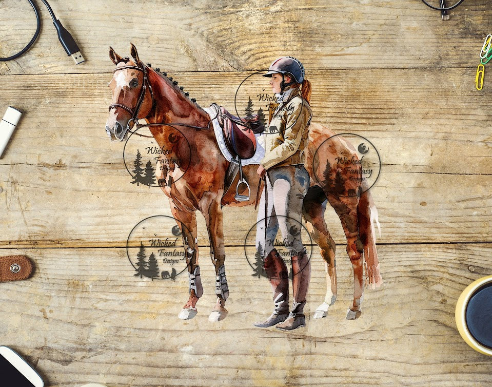 UVDTF Woman with Chestnut Horse in English Tack