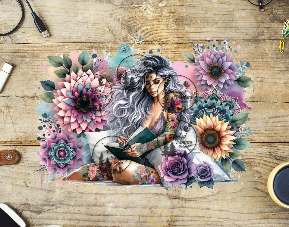 UVDTF Woman Reading Book with Mandalas and Sunflowers