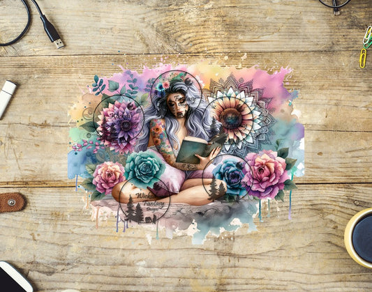 UVDTF Woman Reading Book with Mandalas and Flowers