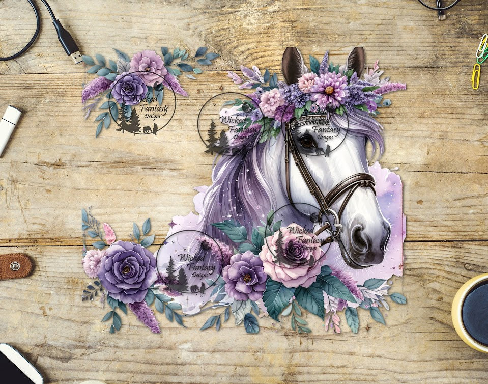 UVDTF Boho Grey Horse and Lavender Flowers 20oz 30oz 10"x10" Element