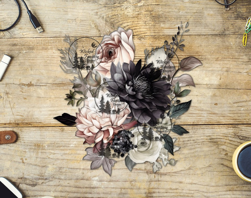 UVDTF Black and Cream Floral Arrangement