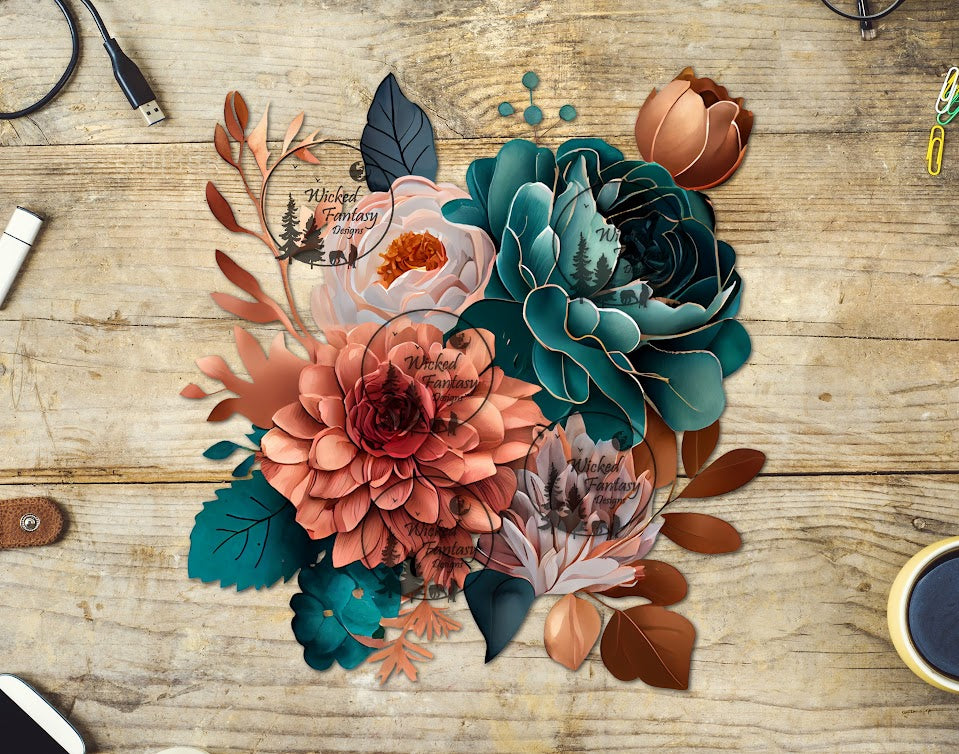UVDTF Teal and Rust Floral Arrangement
