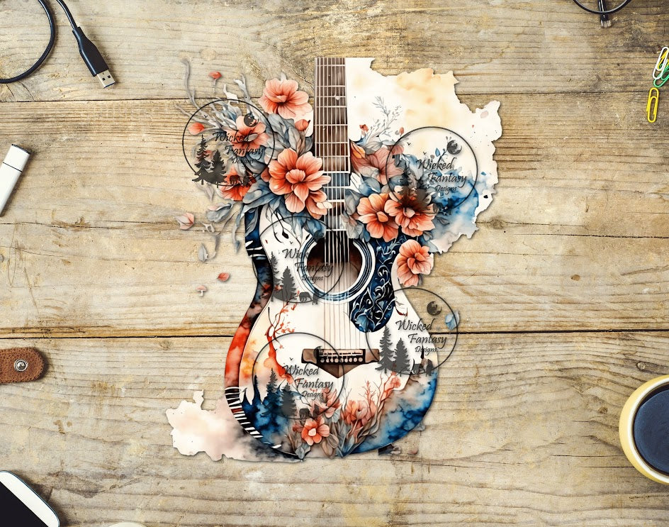 UVDTF Watercolor Guitar and Flower Arrangement