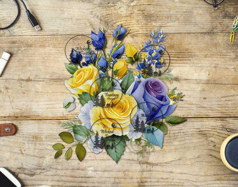 UVDTF Yellow Periwinkle and Blue Rose Floral Arrangement