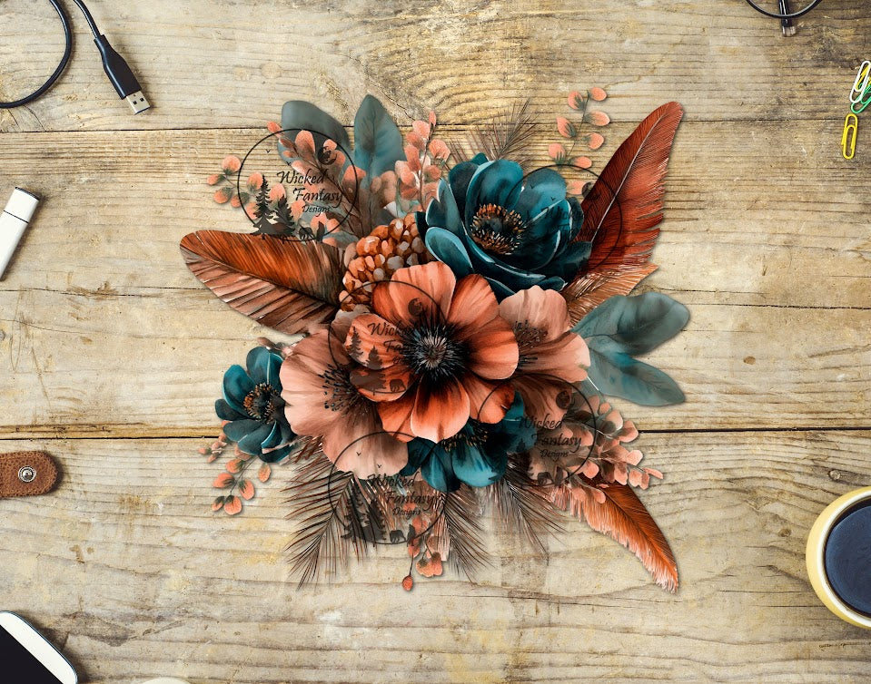 UVDTF Boho Dark Teal and Rust Floral Arrangement