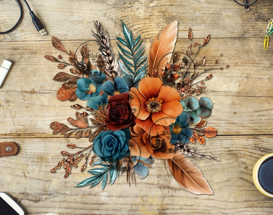 UVDTF Boho Teal and Rust Floral Arrangement