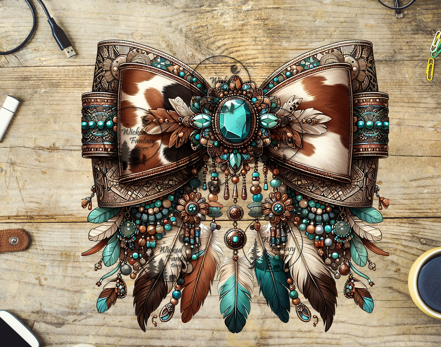 UVDTF Jeweled Cow Print and Leather Bow with Feathers