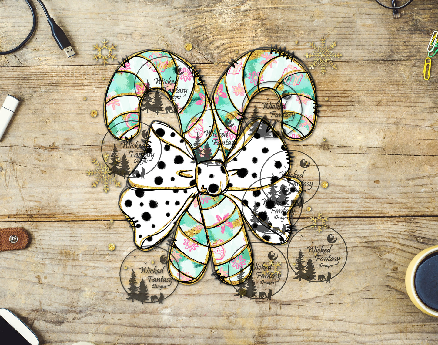 UVDTF Mint Candy Canes with Polka Dot Bow