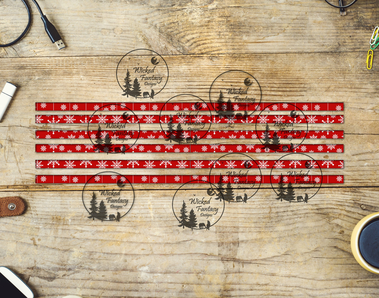 UVDTF Red Snowflakes 12"long Narrow Striping Element