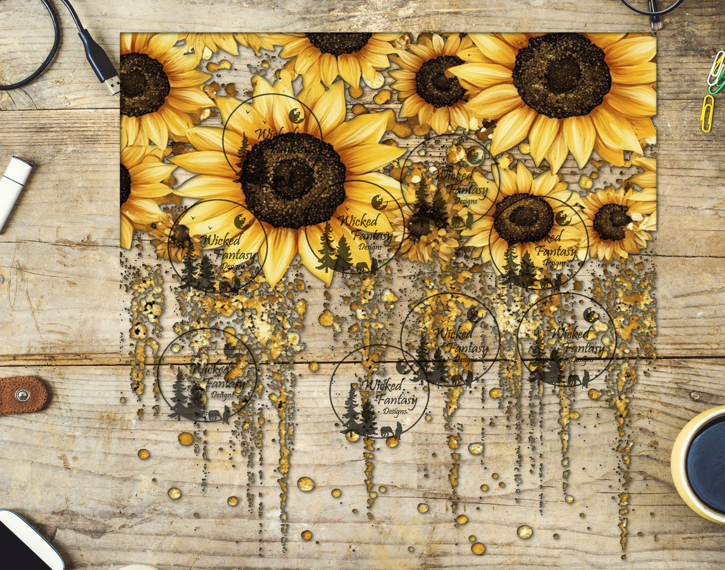 UVDTF Glittering Sunflowers 20oz 30oz 10"x10"