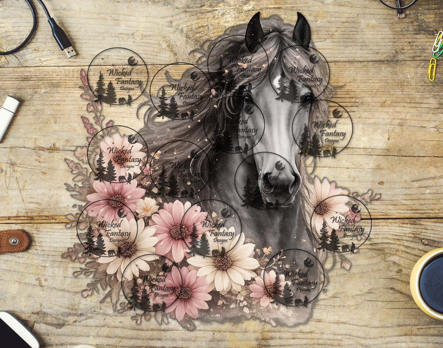 UVDTF Grey Horse with Dusty Rose and Beige Flowers