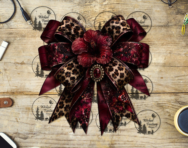 UVDTF Burgundy Hibiscus Leopard Bow